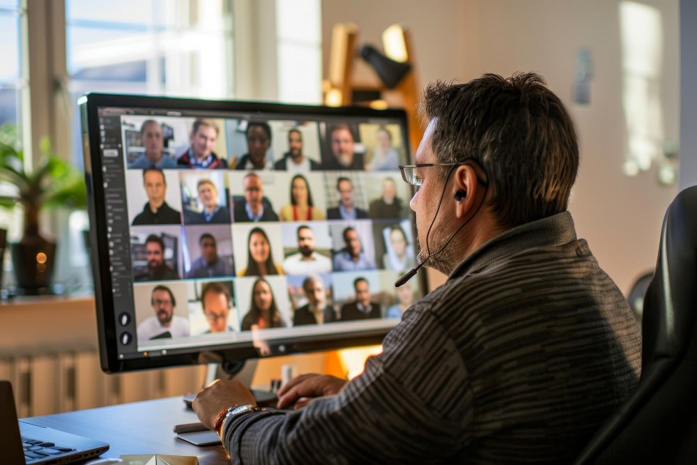 interpretacion remota Hombre viendo una conferencia en un ordenador