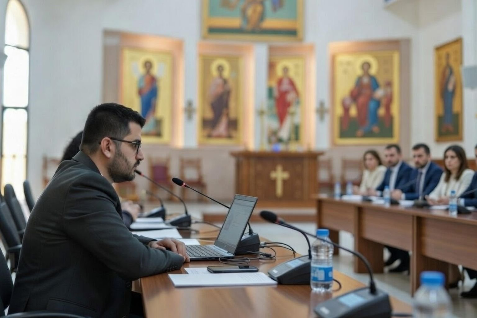 Hombre en una conferencia religiosa