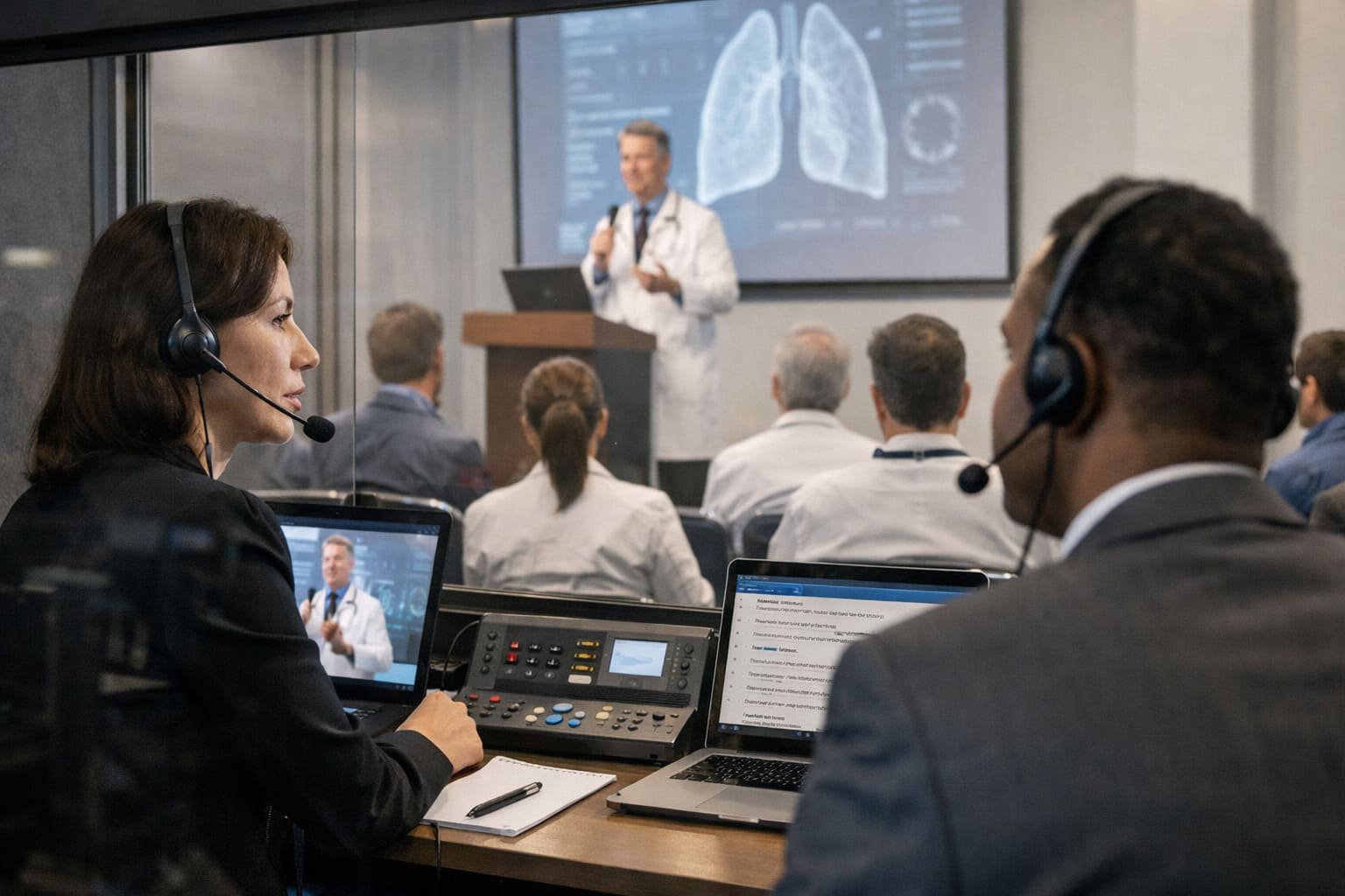 Un hombre y una mujer en una conferencia médica
