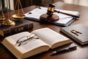 Conference interpreting in the legal sector with legal documents, scales and a judge’s gavel.